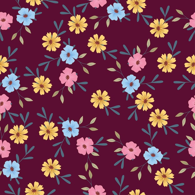 un fondo púrpura con flores amarillas y rosadas