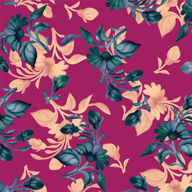 un fondo púrpura con flores y hojas y una flor azul y naranja