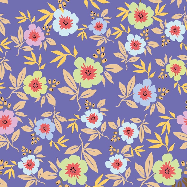 un fondo púrpura con flores y hojas y un tronco marrón