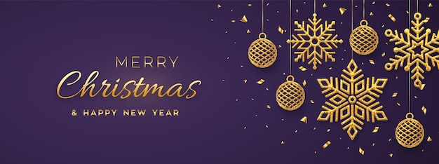 Fondo púrpura de Navidad con bolas y copos de nieve dorados brillantes colgantes. Feliz navidad tarjeta de felicitación. Cartel de vacaciones de Navidad y año nuevo, banner web. Ilustración de vector.