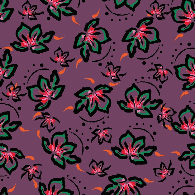 un fondo púrpura con un patrón de flor y una flor verde