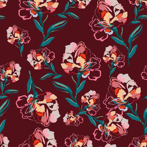 un fondo púrpura con un patrón de flores y hojas verdes