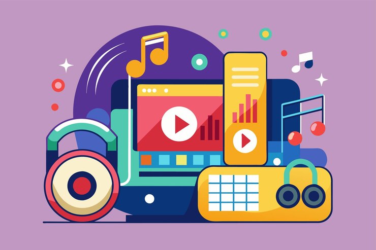 Vector un fondo púrpura que muestra varios dispositivos electrónicos mezclados con notas musicales las tendencias de los medios musicales ilustración vectorial plana simple y minimalista