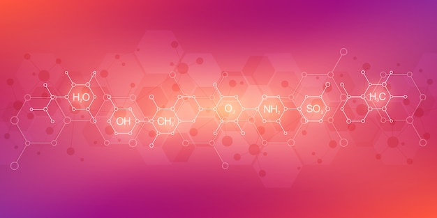 Fondo de química abstracta con fórmulas químicas y estructuras moleculares. Concepto de ciencia e innovación tecnológica.