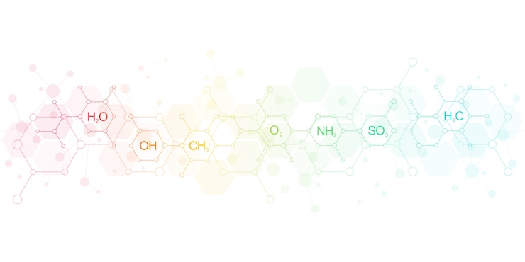 Vector fondo de química abstracta con fórmulas químicas y estructuras moleculares. concepto de ciencia e innovación tecnológica.