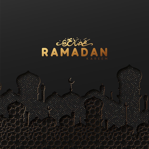 Fondo de Ramadán. Efecto de papel cortado con texto caligráfico árabe en relieve de Ramadan Kareem. Tarjeta de felicitación de diseño creativo, pancarta, afiche. Fiesta sagrada islámica tradicional. ilustración vectorial