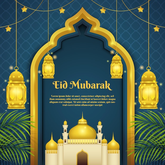 fondo de ramadán eid mubarak con linterna decorativa y mezquita