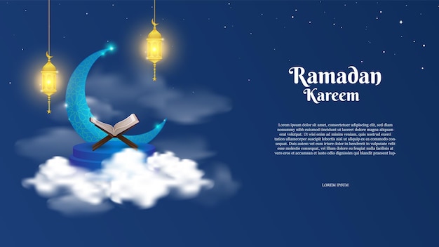 Vector fondo de ramadán con hermosa media luna azul y nubes