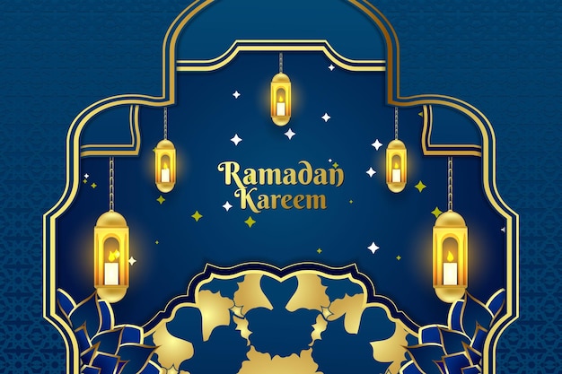 Fondo Ramadán Kareem color azul islámico con hermoso adorno