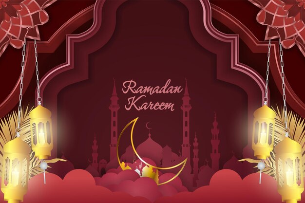 Fondo Ramadán Kareem color rojo islámico con hermosa mezquita y luna dorada
