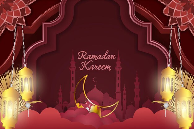 Fondo ramadán kareem color rojo islámico con hermosa mezquita y luna dorada