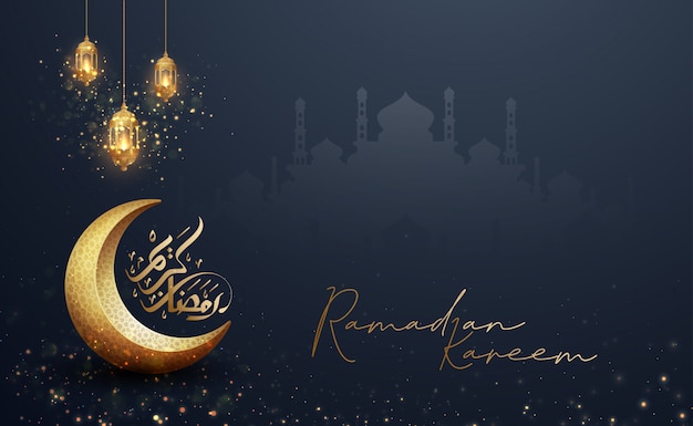 Fondo de Ramadán Kareem con combinación de linternas, caligrafía árabe y mezquita.