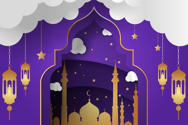 Fondo Ramadán Kareem islámico con elemento y color púrpura
