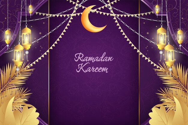 Fondo Ramadán Kareem Lujo islámico púrpura y dorado con mandala