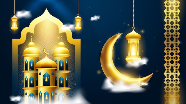 Fondo de ramadan kareem o eid mubarak con luna y linterna decorativa