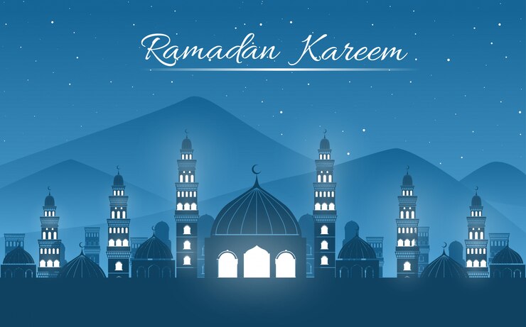 Fondo de Ramadán Kareem con silueta de mezquita, el cielo nocturno con azul