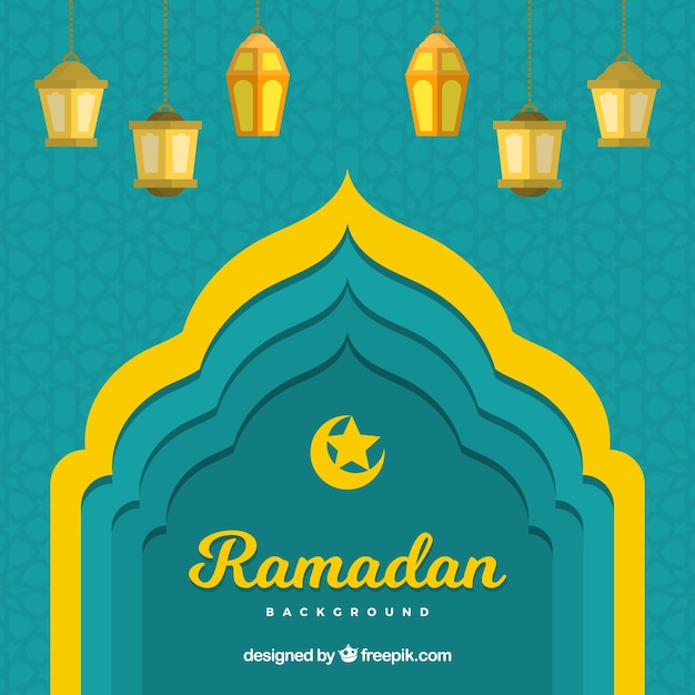 Fondo de ramadán con marco de puerta y lámparas