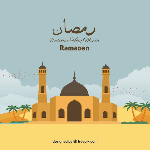 Vector fondo de ramadán con mezquita en estilo plano