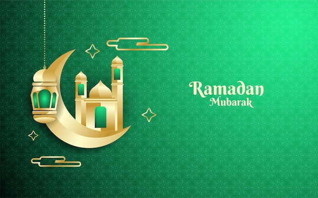 Fondo de ramadhan mubarak con luna y mezquita 3d junto con adornos de textura islámica