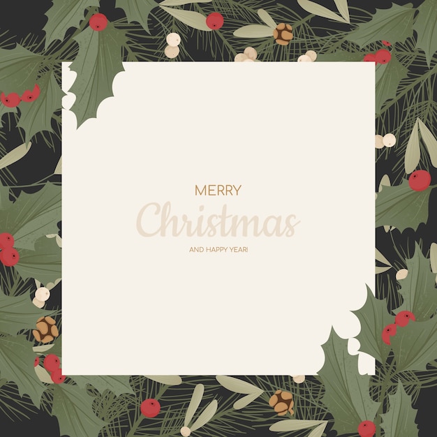 Fondo con ramas de árboles de Navidad realistas, conos de abeto, muérdago y acebo, ilex.