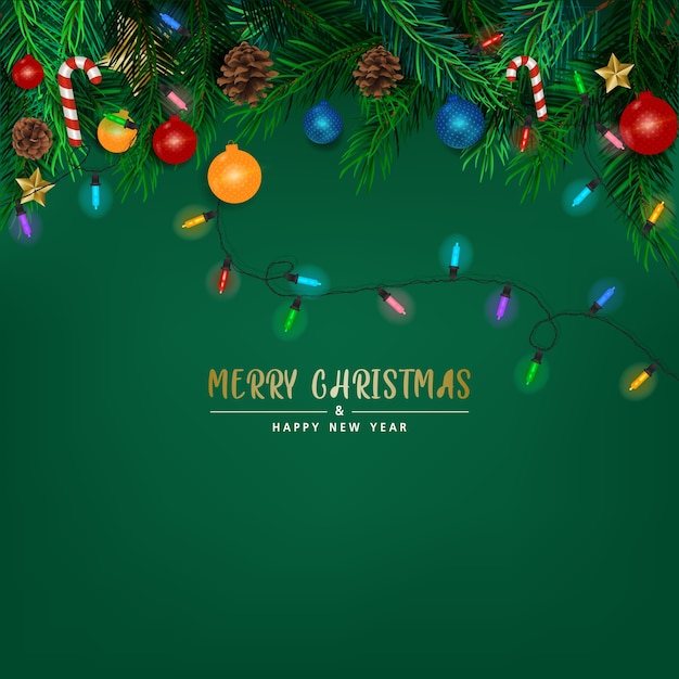 Vector fondo con ramas de árboles de navidad sobre fondo verde, tarjeta, banner