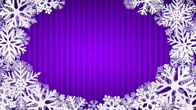 Fondo rayado en colores violetas con copos de nieve blancos