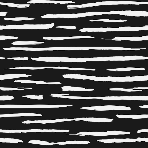 Fondo de rayas de tinta blanca dibujada a mano. Cepillo artístico rayas de patrones sin fisuras sobre fondo negro. Ilustración vectorial