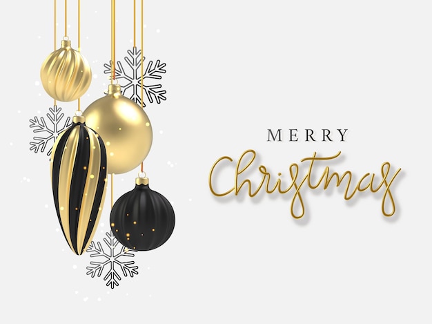 Fondo realista 3d Bola de Navidad de oro y negro, copo de nieve negro sobre fondo blanco. Ð¡Tarjeta de felicitación de letras de caligrafía.