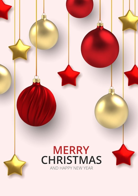 Fondo realista 3D Bolas de Navidad doradas y rojas y estrellas en estilo realista sobre fondo blanco.