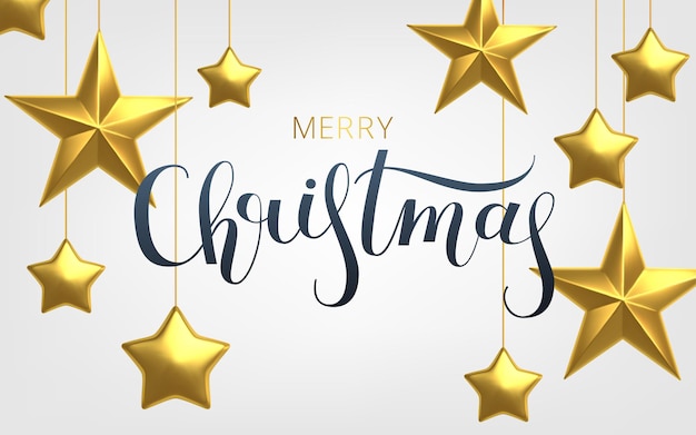 Fondo realista 3D Estrellas de oro en estilo realista sobre fondo blanco. Ð¡Tarjeta de felicitación de letras de caligrafía.