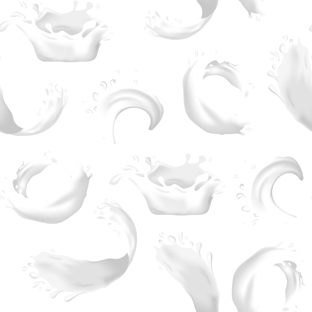 Vector fondo realista y detallado de salpicaduras de leche en 3d sobre un fondo blanco de varios tipos, ilustración vectorial de salpicaduras de bebida saludable