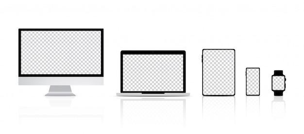 Fondo realista de monitor, computadora portátil, tableta, teléfono inteligente y reloj inteligente. Diseño de concepto de dispositivo de tecnología LED transparente.