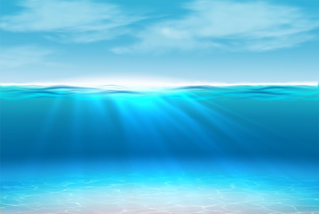 Fondo realista Océano submarino con rayos de sol Concepto de lado del mar con superficie de agua ondulada