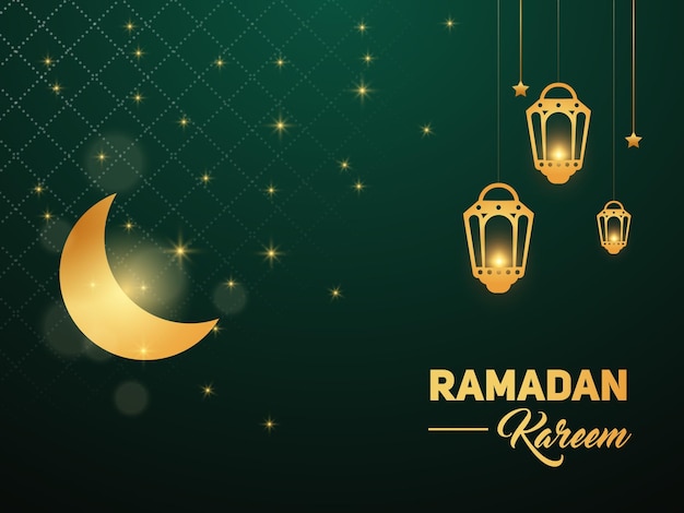 Fondo realista de ramadan kareem con lámpara brillante y decoración de estrella lunar