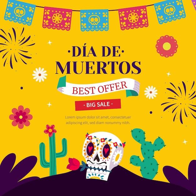 Vector fondo rebajas dia de muertos plano dibujado a mano