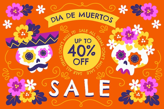 Vector fondo rebajas dia de muertos plano dibujado a mano