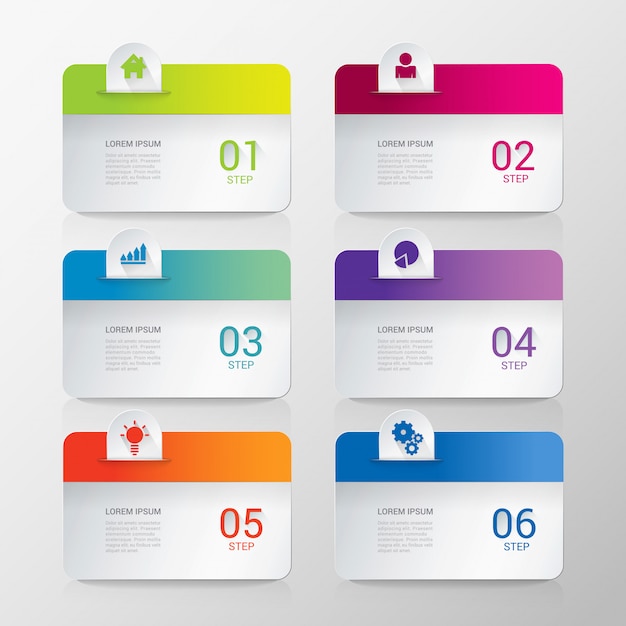 Fondo de rectángulo redondeado multicolor plantilla de infografía de elemento de seis pasos.