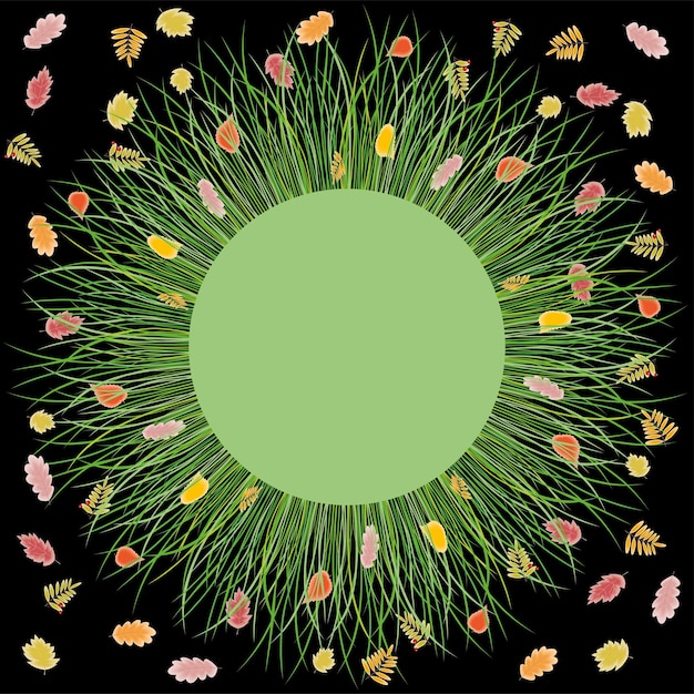 Fondo redondo abstracto decorativo de hierba verde y hojas de otoño