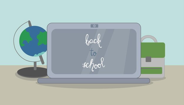 Fondo de regreso a la escuela con computadora portátil, mochila escolar y globo. Ilustración vectorial para tarjetas, carteles,