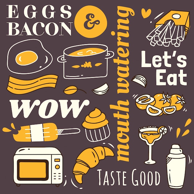 Fondo del restaurante con diversos alimentos en estilo doodle.