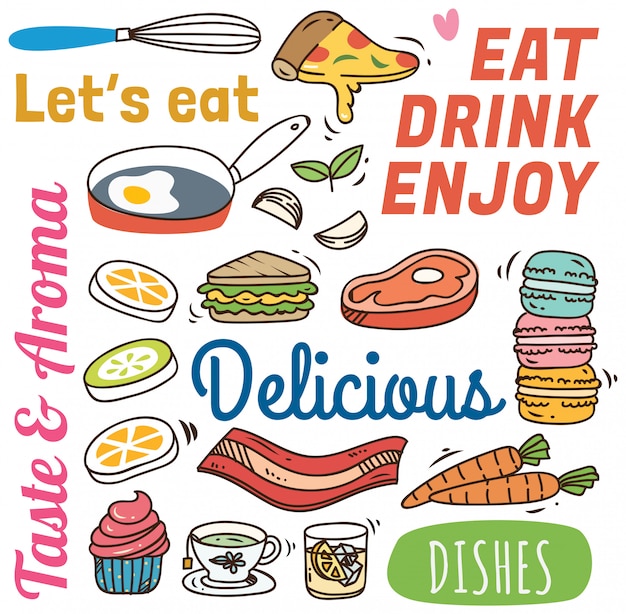 Fondo del restaurante con diversos alimentos en estilo doodle.