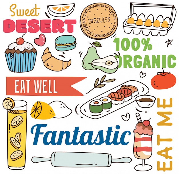 Fondo del restaurante con diversos alimentos en estilo doodle.