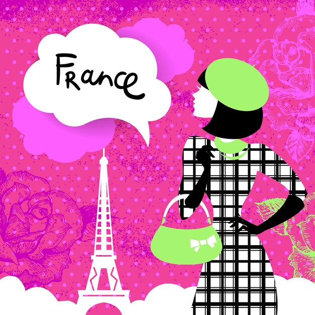 Fondo retro elegante con silueta de mujer de compras en Francia. Diseño elegante vintage con flores dibujadas a mano y símbolo de París - Torre Eiffel