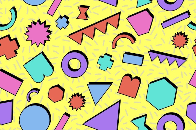 Fondo retro de estilo memphis colorido de patrones sin fisuras de los años 90 o fondo de pantalla retro de los años 80 vector_121