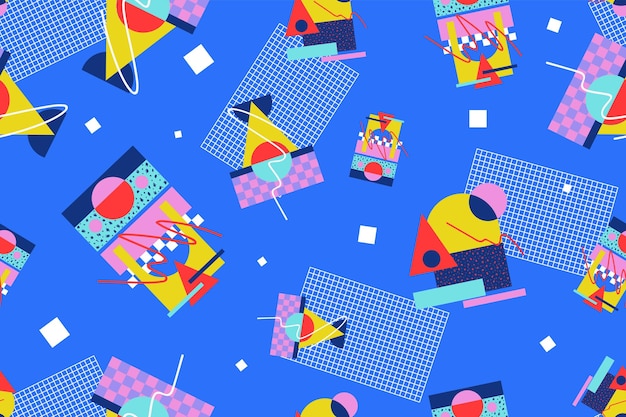 Fondo retro de estilo memphis colorido de patrones sin fisuras de los años 90 o fondo de pantalla retro de los años 80 vector_67