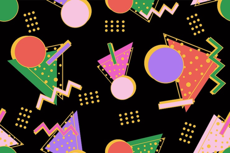Vector fondo retro de estilo memphis colorido de patrones sin fisuras de los años 90 o vector de papel tapiz retro de los años 80