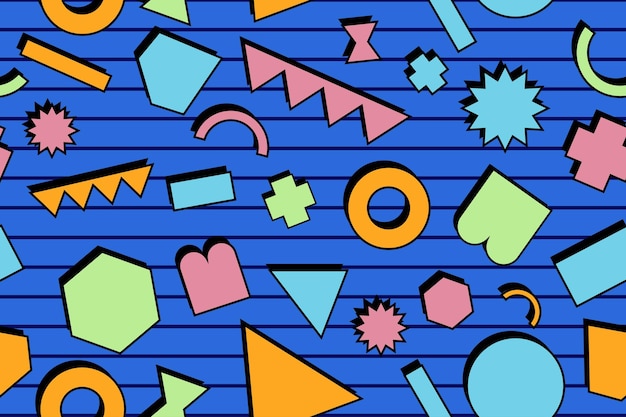Fondo retro de estilo memphis colorido de patrones sin fisuras de los años 90 o vector de papel tapiz retro de los años 80