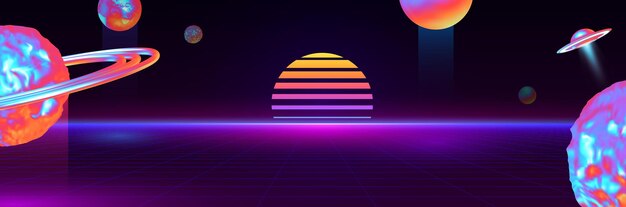 Fondo retro fantasía mundo futurista ciberespacio cosmos. Paisaje digital. Planetas 3d con gradiente holográfico. el color es morado oscuro. Cartel y pancarta años 80 y 90. platillo volador, OVNI. Vector