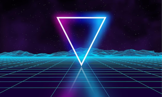 Vector fondo retro futurista para juego. cartel de galaxia de baile de música 3d. disco de fondo de los 80. paisaje de estructura metálica digital de onda sintetizada de triángulo de neón con palmeras. vector espacial.