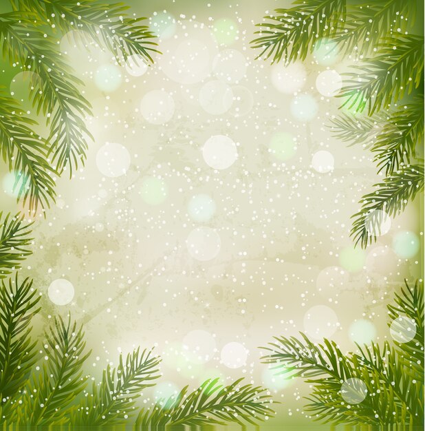 Fondo retro de navidad con ramas de árboles de navidad y copos de nieve